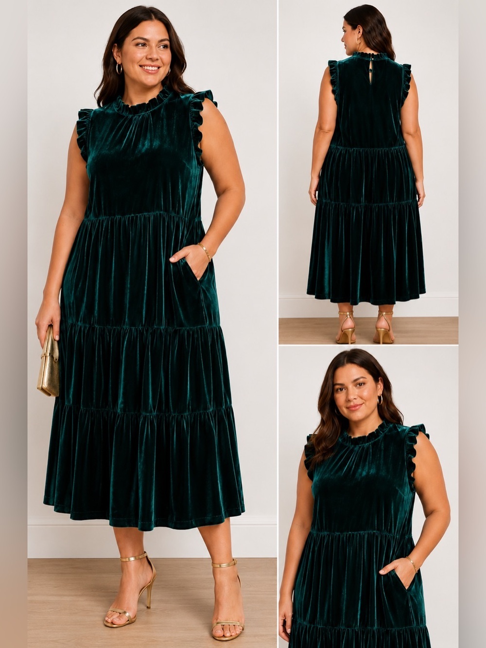 J.Crew Emerald Green Velvet Tiered Ruffle Neck Sleeveless Dress size 16